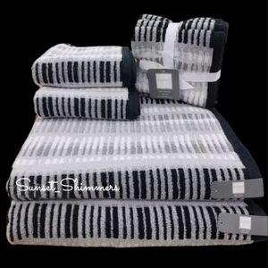 8pc Soho Living 2 Bath 2 Hand 4 Washcloth Towel Set Black White Gray Stripes New